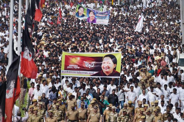 Chief minister K Palaniswami, Deputy Chief Minister O Panneerselvam and senior government officials participate in a rally to pay their respects to the late AIADMK supremo J Jayalalithaa on her first death anniversary, in Chennai on Tuesday. (PTI) Chief minister K Palaniswami, Deputy Chief Minister O Panneerselvam and senior government officials participate in a rally to pay their respects to the late AIADMK supremo J Jayalalithaa on her first death anniversary, in Chennai on Tuesday. (PTI)