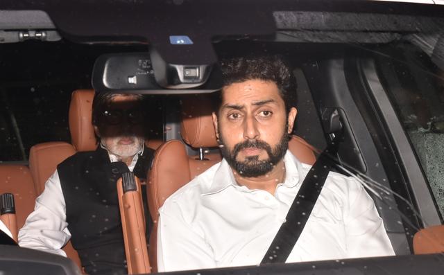 Amitabh and Abhishek arrive at Shashi Kapoor’s residence. (Pramod Thakur/HT PHOTO)