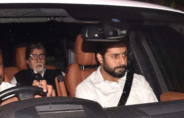 Amitabh Bachchan and Abhishek Bachchan at Shashi Kapoor’s residence. (Pramod Thakur/HT PHOTO)