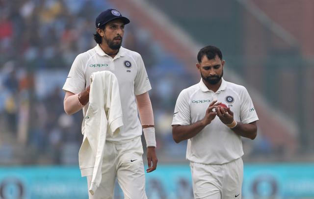 Mohammad Shami, right, shines the ball as he walks with Ishant Sharma during the second day of the third cricket Test match in New Delhi, Dec. 3, 2017. (AP) Mohammad Shami, right, shines the ball as he walks with Ishant Sharma during the second day of the third cricket Test match in New Delhi, Dec. 3, 2017. (AP)