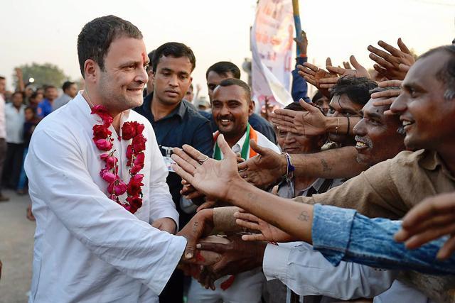 Rahul Gandhi being greeted by supporters at a public meeting in Bhavnagar, Gujarat. (PTI Photo) Rahul Gandhi being greeted by supporters at a public meeting in Bhavnagar, Gujarat. (PTI Photo)