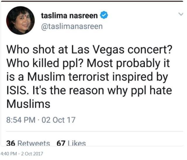 Screengrab of a tweet that was subsequently deleted by author Taslima Nasreen. (Twitter screengrab)