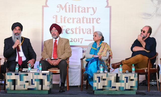 Historians Amar Pal Sidhu, Mandeep Rai, Sukhmani Bal Riar and William Dalrymple in the session on Anglo-Sikh wars, at the Military Literature Festival in Chandigarh on Saturday. (Anil Dayal/HT)