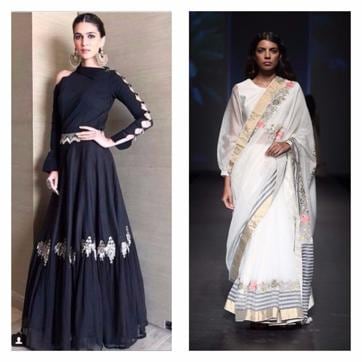 Kriti Sanon in Ridhima Bhasin; Model in Prama by Pratima (Photo:Instagram/kritisanon; Raajesh Kayshap) Kriti Sanon in Ridhima Bhasin; Model in Prama by Pratima (Photo:Instagram/kritisanon; Raajesh Kayshap)