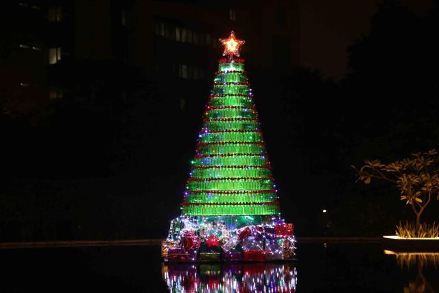 A Christmas tree, made of 500 beer bottles, is set-up at Westin, Gurgaon.