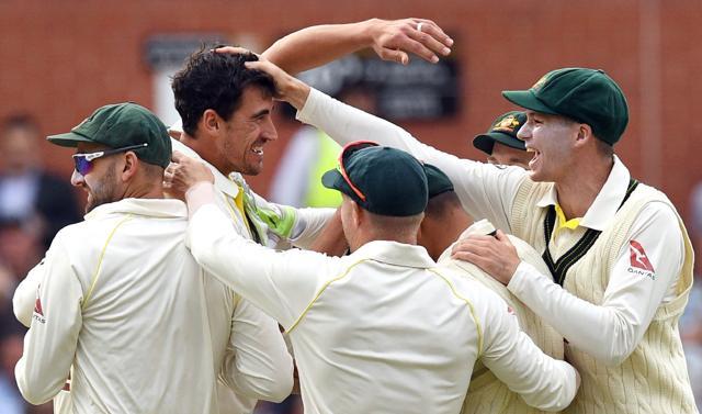 Australia's paceman Mitchell Starc (2nd L) celebrates with teammates after dismissing England's batsman Mark Stoneman on the fourth day of the second Ashes cricket Test match in Adelaide on December 5, 2017. (AFP) Australia's paceman Mitchell Starc (2nd L) celebrates with teammates after dismissing England's batsman Mark Stoneman on the fourth day of the second Ashes cricket Test match in Adelaide on December 5, 2017. (AFP)