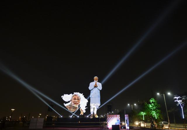 A life-size digital cutout of Prime Minister Narendra Modi set up at Sabarmati river front in Ahmedabad. (Kunal Patil/HT File Photo) A life-size digital cutout of Prime Minister Narendra Modi set up at Sabarmati river front in Ahmedabad. (Kunal Patil/HT File Photo)