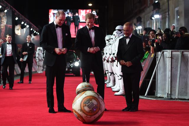 Britain's Prince William (L), Duke of Cambridge and Prince Harry are greeted by droid BB-8 as they arrive for the European Premiere of Star Wars: The Last Jedi at the Royal Albert Hall in London. (AFP) Britain's Prince William (L), Duke of Cambridge and Prince Harry are greeted by droid BB-8 as they arrive for the European Premiere of Star Wars: The Last Jedi at the Royal Albert Hall in London. (AFP)