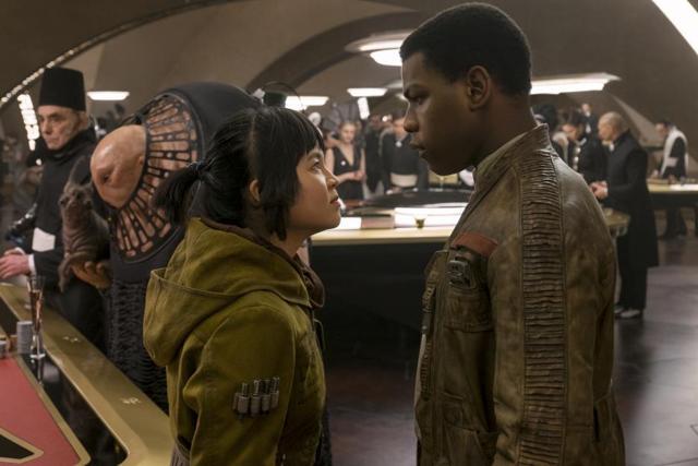 Strong new characters include a loyal mechanic-cum-fighter pilot played by Kelly Marie Tran, seen here with John Boyega, who plays the stormtrooper-turned-rebel Finn.