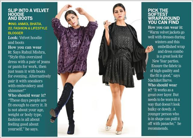 (From left) Anmol wears a velvet hoodie from H&M, earrings from Ranakah Jewellery and velvet boots from Zara and she wears wears an embroidered velvet jacket from Zara, dress is from H&M, rings and earrings from Ranakah Jewellery and shoes from Koovs (Raj K Raj) (From left) Anmol wears a velvet hoodie from H&M, earrings from Ranakah Jewellery and velvet boots from Zara and she wears wears an embroidered velvet jacket from Zara, dress is from H&M, rings and earrings from Ranakah Jewellery and shoes from Koovs (Raj K Raj)