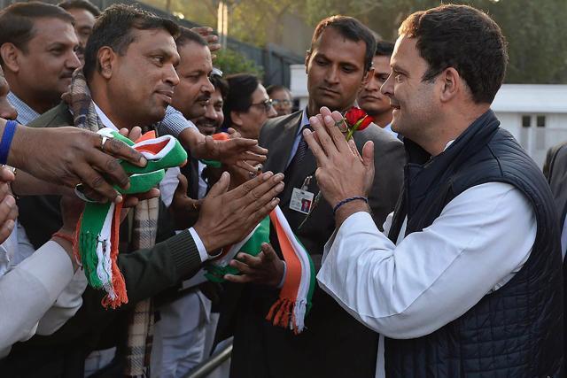 Newly elected Congress president Rahul Gandhi meets people in New Delhi on Saturday. (PTI)