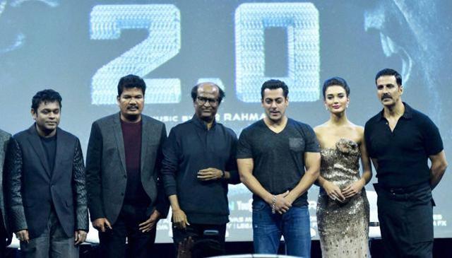 Rajinikanth, AR Rahman, director Shankar, Akshay Kumar, Salman Khan and Amy Jackson pose during the launch of the Rajinikanth’s 2.o first look in Mumbai. (PTI) Rajinikanth, AR Rahman, director Shankar, Akshay Kumar, Salman Khan and Amy Jackson pose during the launch of the Rajinikanth’s 2.o first look in Mumbai. (PTI)