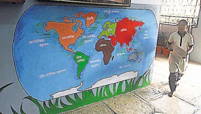 A world map has been painted on the walls for the students at Vidya Niketan school in Kothrud. (Pratham Gokhale/HT Photo) A world map has been painted on the walls for the students at Vidya Niketan school in Kothrud. (Pratham Gokhale/HT Photo)