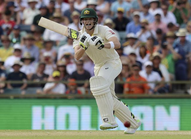 Australia's Steve Smith hits the ball to score his double century during the third day of their Ashes Test match against England in Perth. (AP) Australia's Steve Smith hits the ball to score his double century during the third day of their Ashes Test match against England in Perth. (AP)