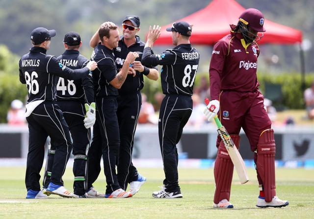 Chris Gayle of the West Indies is dismissed by New Zealand's Doug Bracewell (C) during the first ODI at Cobham Oval in Whangarei on December 20, 2017. (AFP) Chris Gayle of the West Indies is dismissed by New Zealand's Doug Bracewell (C) during the first ODI at Cobham Oval in Whangarei on December 20, 2017. (AFP)