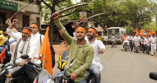 On April 5, 2017 Hindutva outfits took out a rally with bikes and swords in Kolkata on the occasion of Ram Navami in Bhawanipore, which is the home turf of chief minister Mamata Banerjee. Kolkata did not witness anything like it earlier. (Samir Jana/HT PHOTO) On April 5, 2017 Hindutva outfits took out a rally with bikes and swords in Kolkata on the occasion of Ram Navami in Bhawanipore, which is the home turf of chief minister Mamata Banerjee. Kolkata did not witness anything like it earlier. (Samir Jana/HT PHOTO)