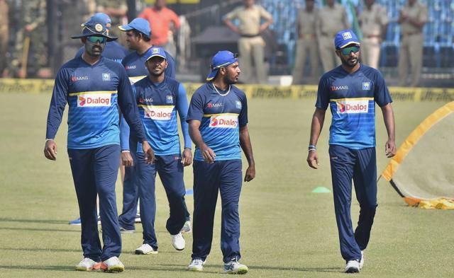 Sri Lankan captain Thisara Perera (extreme left) and other players during a practice session at Barabati Studium in Cuttack on Tuesday. (PTI) Sri Lankan captain Thisara Perera (extreme left) and other players during a practice session at Barabati Studium in Cuttack on Tuesday. (PTI)