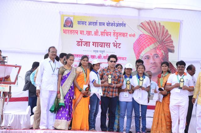 Sachin Tendulkar at Donja which has already been recognized as an ODF (open defecation free) village shortly after the cricketer’s adoption in November 2016. (HT Photo)