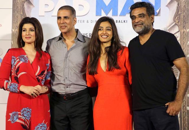 Twinkle Khanna (L), Akshay Kumar (2L) and Radhika Apte (2R) pose for a photograph during a promotional event for the forthcoming Hindi film Padman written and directed by R. Balki in Mumbai. (AFP) Twinkle Khanna (L), Akshay Kumar (2L) and Radhika Apte (2R) pose for a photograph during a promotional event for the forthcoming Hindi film Padman written and directed by R. Balki in Mumbai. (AFP)