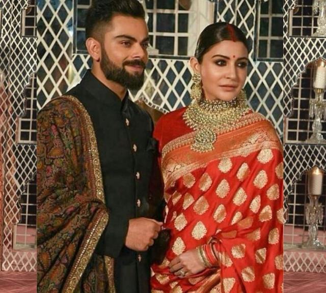 Virat complemented his new bride in an elegant black textured silk bandhgala. (Instagram) Virat complemented his new bride in an elegant black textured silk bandhgala. (Instagram)