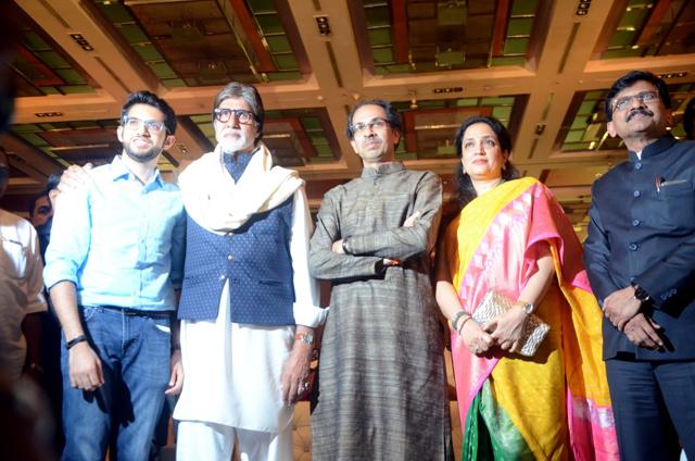 Actor Amitabh Bachchan with Shiv Sena chief Uddhav Thackeray, party leader Sanjay Raut and Yuva Sena chief Aditya Thackeray during the launch function of Thackeray. (IANS) Actor Amitabh Bachchan with Shiv Sena chief Uddhav Thackeray, party leader Sanjay Raut and Yuva Sena chief Aditya Thackeray during the launch function of Thackeray. (IANS)