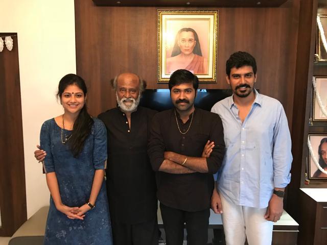 Rajinikanth with Aruvi’s star Aditi Balan and director Arun Prabhu Purushothaman at his residence.