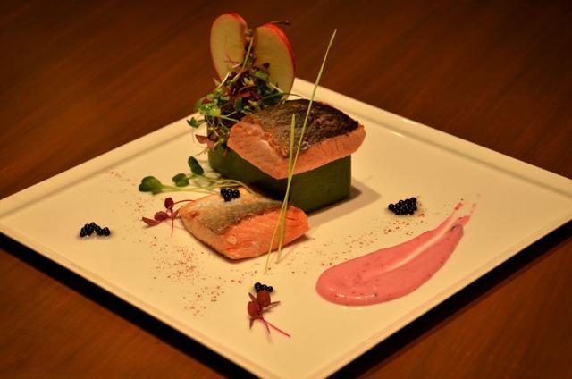 Grilled salmon with green pea mash and strawberry compote. Grilled salmon with green pea mash and strawberry compote.