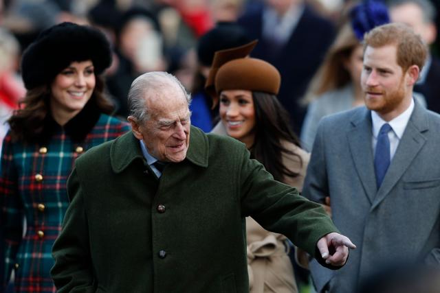 Britain's Prince Philip, Duke of Edinburgh (C) gestures as he is followed by (L-R) Britain's Catherine, Duchess of Cambridge, US actor and finacee of Britain's Prince Harry Meghan Markle and Britain's Prince Harry arriving to attend the Royal Family's traditional Christmas Day church service. (AFP) Britain's Prince Philip, Duke of Edinburgh (C) gestures as he is followed by (L-R) Britain's Catherine, Duchess of Cambridge, US actor and finacee of Britain's Prince Harry Meghan Markle and Britain's Prince Harry arriving to attend the Royal Family's traditional Christmas Day church service. (AFP)