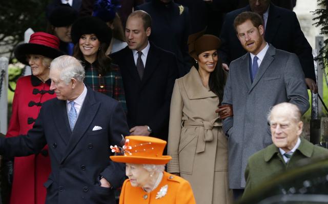 Front from left: Prince Charles, Queen Elizabeth II and Prince Philip. Rear From left, Camilla, Duchess of Cornwall, Kate, Duchess of Cambridge, Price William, Meghan Markle, and her fiancee Prince Harry, right, as they wait for the Queen to leave by car following the traditional Christmas Day church service. (AP) Front from left: Prince Charles, Queen Elizabeth II and Prince Philip. Rear From left, Camilla, Duchess of Cornwall, Kate, Duchess of Cambridge, Price William, Meghan Markle, and her fiancee Prince Harry, right, as they wait for the Queen to leave by car following the traditional Christmas Day church service. (AP)