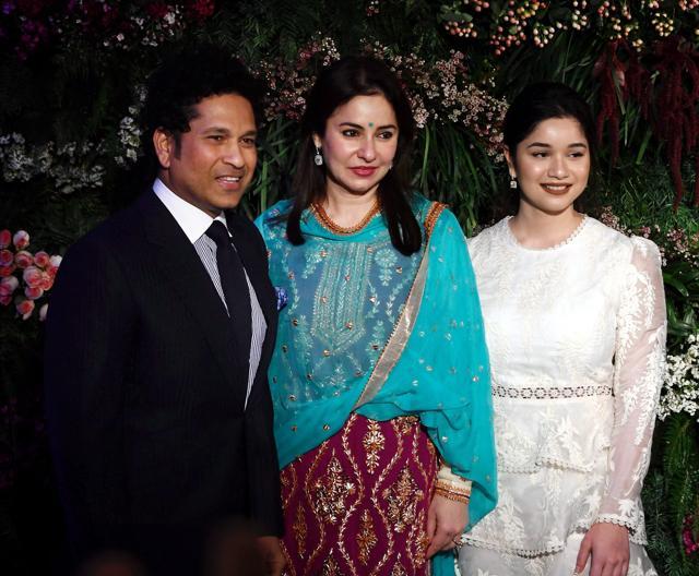 Sachin Tendulkar and family arrived to bless Virat Kohli and Anushka Sharma in the reception. (PTI) Sachin Tendulkar and family arrived to bless Virat Kohli and Anushka Sharma in the reception. (PTI)