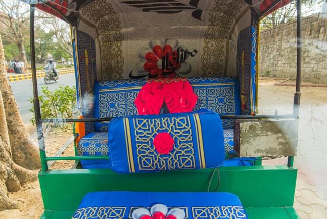 This autorickshaw’s interiors, by artist Sanchit Sawaria, are inspired by Ghalib’s poetry.