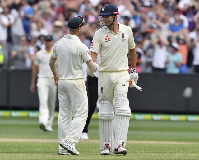 Alastair Cook, right, is congratulated by Australia's David Warner as he walks off the ground not out at stumps on the third day of their Ashes cricket Test in Melbourne on Thursday, Dec. 28, 2017. (AP) Alastair Cook, right, is congratulated by Australia's David Warner as he walks off the ground not out at stumps on the third day of their Ashes cricket Test in Melbourne on Thursday, Dec. 28, 2017. (AP)