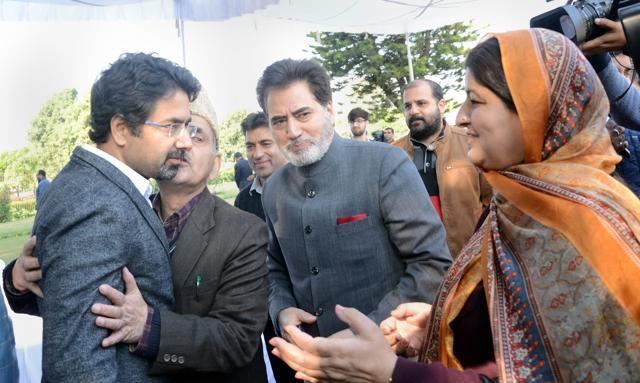 Newly inducted minister Tassaduq Mufti, brother of chief minister Mehbooba Mufti, being greeted by his relatives after the swearing-in ceremony at Raj Bhavan in Jammu on Thursday. (PTI) Newly inducted minister Tassaduq Mufti, brother of chief minister Mehbooba Mufti, being greeted by his relatives after the swearing-in ceremony at Raj Bhavan in Jammu on Thursday. (PTI)
