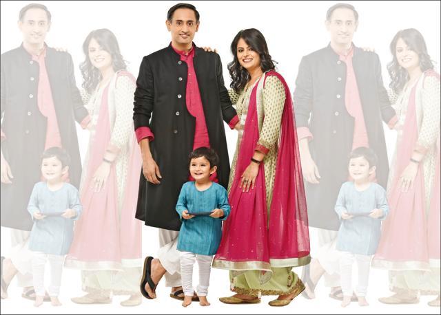 Jasleen, 37, communications specialist, wears an outfit by Sangeeta Suri, jutis from Venus Steps and jewellery from Veeni Jewels; Rahul, 37, news anchor, wears an outfit by Suket Dhir and shoes from Aldo; Nevaan wears an outfit by Fabindia (Raj K Raj) Jasleen, 37, communications specialist, wears an outfit by Sangeeta Suri, jutis from Venus Steps and jewellery from Veeni Jewels; Rahul, 37, news anchor, wears an outfit by Suket Dhir and shoes from Aldo; Nevaan wears an outfit by Fabindia (Raj K Raj)