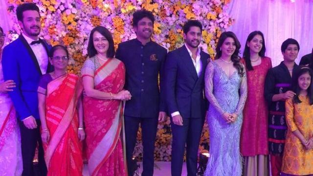 Samantha and Naga Chaitanya at their wedding reception. Samantha and Naga Chaitanya at their wedding reception.