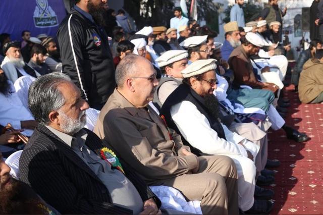 Hafiz Saeed with the Palestinian envoy at the rally. (Pic from a JuD-run Twitter account) Hafiz Saeed with the Palestinian envoy at the rally. (Pic from a JuD-run Twitter account)