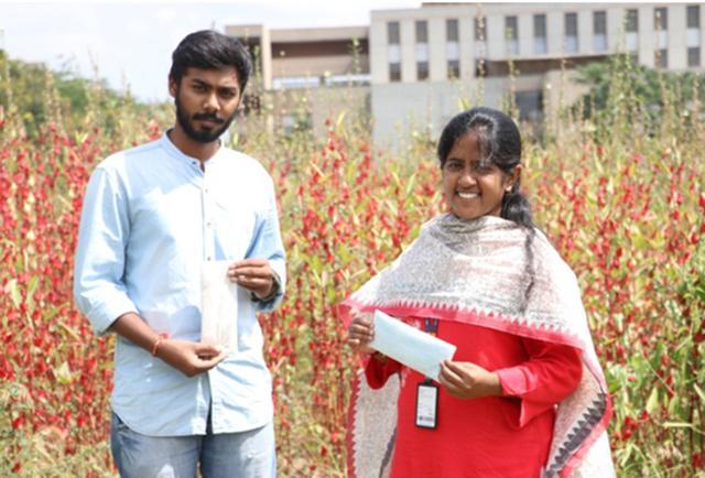 Gowtham S, Niveda R (above) and Ramakrishnan G created eco-friendly sanitary napkins. Gowtham S, Niveda R (above) and Ramakrishnan G created eco-friendly sanitary napkins.