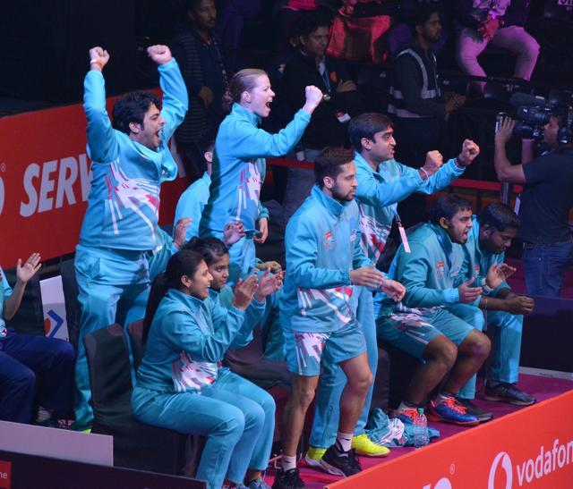 Awadhe Warriors celebrate their win over North Eastern Warriors in the Premier Badminton League. (PBL)