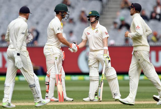 Australia's Mitchell Marsh (2nd L) and Steve Smith (2nd R) shake hands after their 100-run partnership. (AFP) Australia's Mitchell Marsh (2nd L) and Steve Smith (2nd R) shake hands after their 100-run partnership. (AFP)