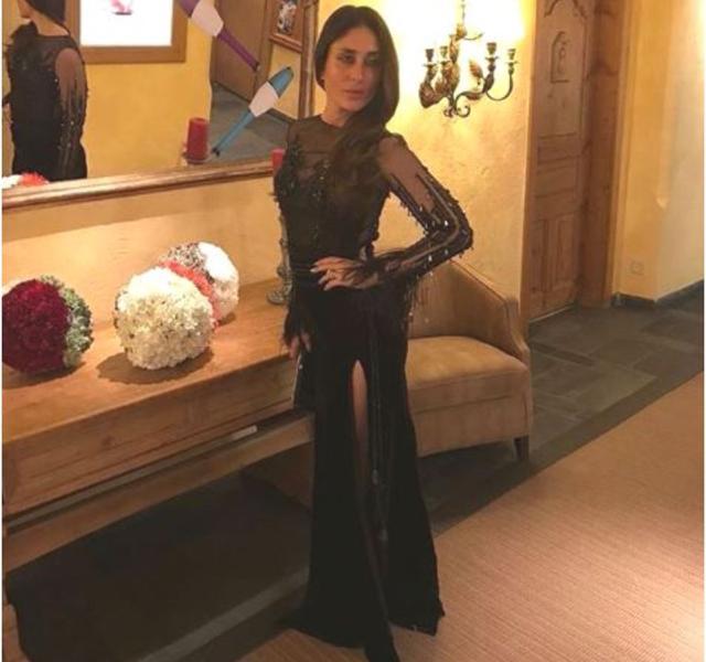 Kareena’s long sheer-sleeved gown seemed like it could’ve been a chilly choice, given the low temperatures in Switzerland. (Instagram/ Manish Malhotra) Kareena’s long sheer-sleeved gown seemed like it could’ve been a chilly choice, given the low temperatures in Switzerland. (Instagram/ Manish Malhotra)