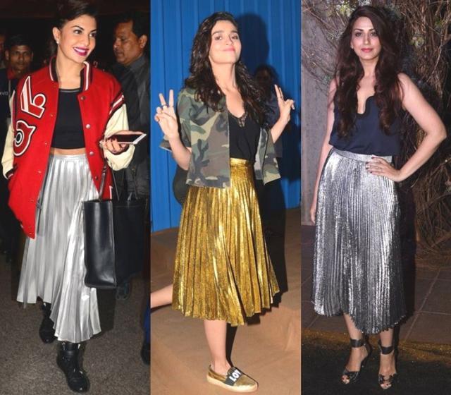 Take a cue from these celebrities on how to carelessly swirl in a metallic pleated skirt. (Instagram)