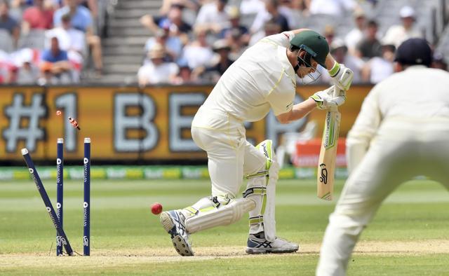Australia's Cameron Bancroft chops onto his stumps off the bowling of England's Chris Woakes for 27 runs during the fourth day of their Ashes cricket Test match in Melbourne on December 29, 2017. (AP)