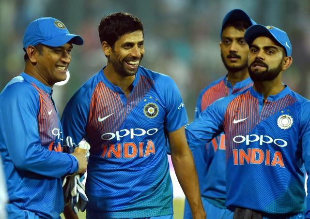 Ashish Nehra greeted by Virat Kohli and Mahendra Singh Dhoni after his retirement from all forms of cricket during the first T20 match against New Zealand at Feroz Shah Kotla Stadium in New Delhi, on November 1, 2017. (PTI) Ashish Nehra greeted by Virat Kohli and Mahendra Singh Dhoni after his retirement from all forms of cricket during the first T20 match against New Zealand at Feroz Shah Kotla Stadium in New Delhi, on November 1, 2017. (PTI)
