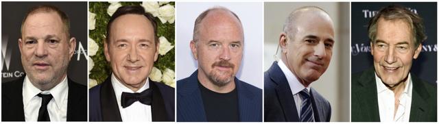 This combination photo shows, from left, producer Harvey Weinstein, actor Kevin Spacey, actor-comedian Louis C.K., NBC "Today" show host Matt Lauer and "CBS This Morning" host Charlie Rose. (AP) This combination photo shows, from left, producer Harvey Weinstein, actor Kevin Spacey, actor-comedian Louis C.K., NBC "Today" show host Matt Lauer and "CBS This Morning" host Charlie Rose. (AP)