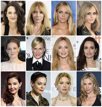 This combination photo shows actresses listed in alphabetical order, top row from left, Asia Argento, Rosanna Arquette, Jessica Barth, Cara Delevingne, Romola Garai, Judith Godreche, Heather Graham, Angelina Jolie, Ashley Judd, Rose McGowan, Lea Seydoux and Mira Sorvino, who have made allegations against producer Harvey Weinstein. (AP) This combination photo shows actresses listed in alphabetical order, top row from left, Asia Argento, Rosanna Arquette, Jessica Barth, Cara Delevingne, Romola Garai, Judith Godreche, Heather Graham, Angelina Jolie, Ashley Judd, Rose McGowan, Lea Seydoux and Mira Sorvino, who have made allegations against producer Harvey Weinstein. (AP)