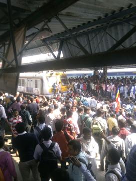 Rail roko at Dombivli station on Wednesday afternoon. Rail roko at Dombivli station on Wednesday afternoon.