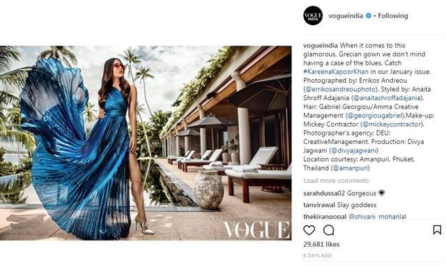 Kareena Kapoor wearing a teal blue dress with pleated details by Lebanese fashion designer Elie Saab. (Instagram/ vogueindia)