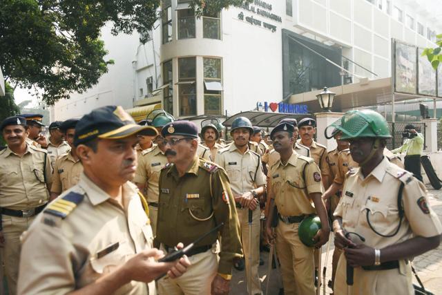 Police deployed at Bhaidas Hall at Vile Parle in Mumbai where Dalit leader Jignesh Mevani and JNU student leader Umar Khalid were scheduled to speak on Thursday. (PTI) Police deployed at Bhaidas Hall at Vile Parle in Mumbai where Dalit leader Jignesh Mevani and JNU student leader Umar Khalid were scheduled to speak on Thursday. (PTI)