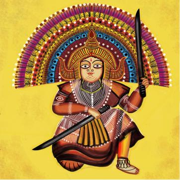 A page from a Bhuli calendar showing the Chhau dance in an art style inspired by the traditional Kalighat paintings of West Bengal. A page from a Bhuli calendar showing the Chhau dance in an art style inspired by the traditional Kalighat paintings of West Bengal.