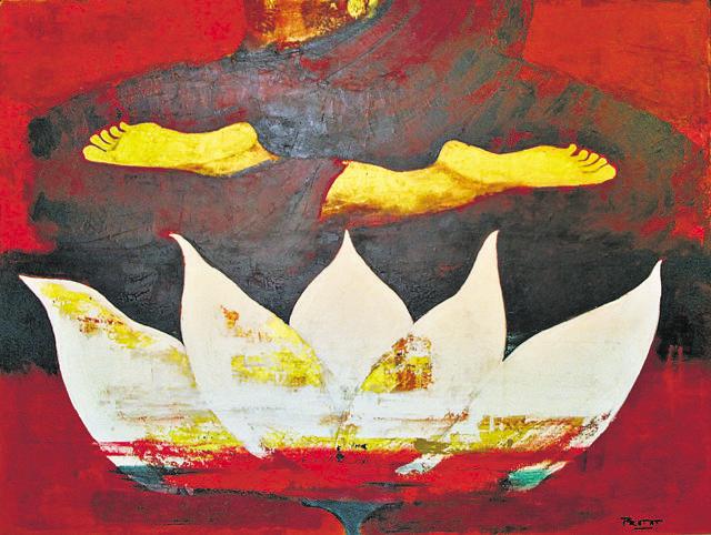 Lotus Buddha, acrylic on canvas by Pratap SJB Rana. It shows the Buddha in meditation and how in this position he too resembles a lotus. (Image courtesy Ojas Art) Lotus Buddha, acrylic on canvas by Pratap SJB Rana. It shows the Buddha in meditation and how in this position he too resembles a lotus. (Image courtesy Ojas Art)